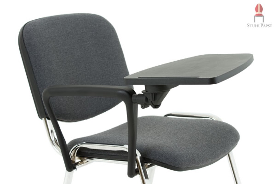 Ein funktionaler Collegestuhl von Stuhlpapst mit einer direkt am Sitzplatz befestigten, platzsparenden Arbeitsfläche für komfortables Notieren.