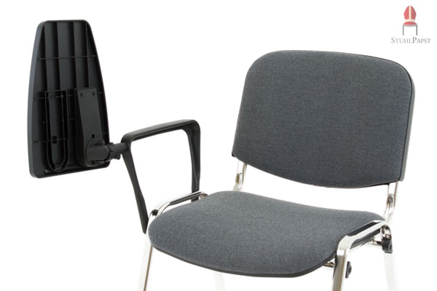 Ein flexibel einsetzbarer Collegestuhl von Stuhlpapst, der durch sein integriertes Schreibtablar das Arbeiten ohne zusätzliche, sperrige Tische ermöglicht.